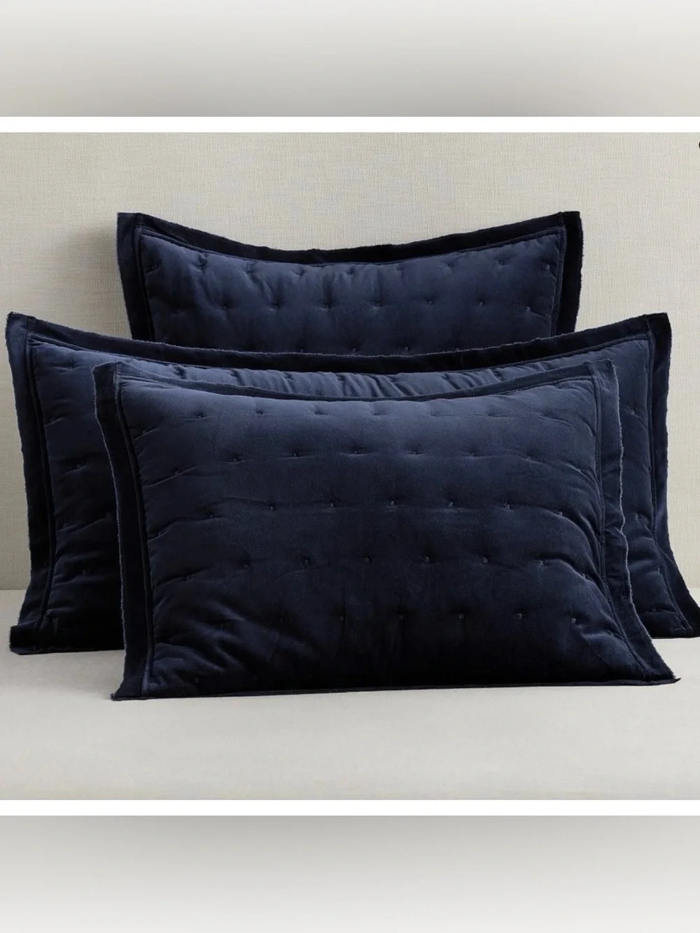 1 NEW Pottery Barn Velvet Tufted Quilted KING Pillow SHAM Dark Blue Raw Edge